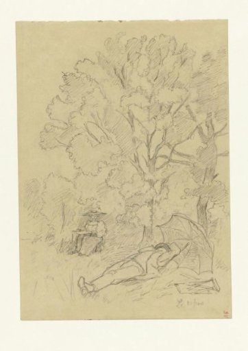 Woman drawing and reclining man in a landscape