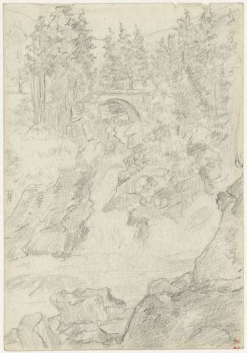 Rocky landscape with a waterfall and a bridge