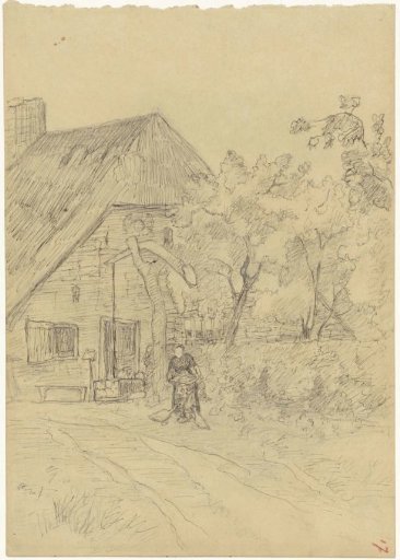 Woman driving geese in front of a farm