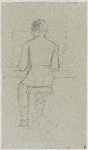 Man seated on a stool, seen from behind