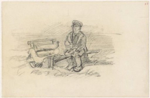 Peasant sitting on a wheelbarrow
