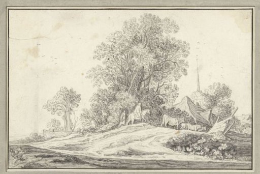 Landscape with a rider and cows in front of a group of trees
