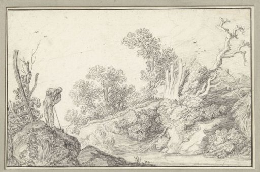 Landscape with a leafless tree and a man with a staff
