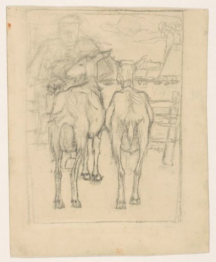 Two Goats and a Farmer by a Fence