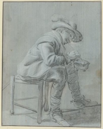 Rider with a Hat Sitting on a Three-Legged Stool Lighting His Pipe with a Firepan