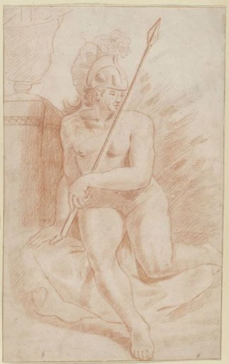 Helmeted Nude Seated with a Spear by a Vase