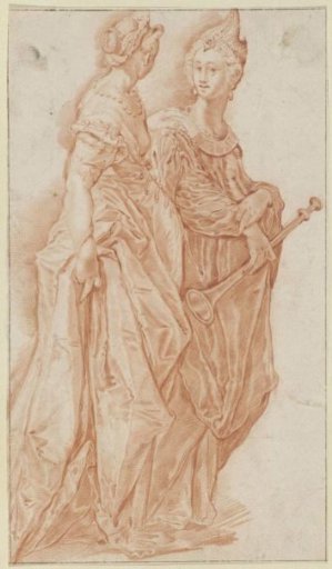 Two Richly Dressed Women, One with a Trumpet