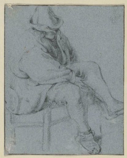 Seated Man with Hat on a Stool and Leg Drawn Up