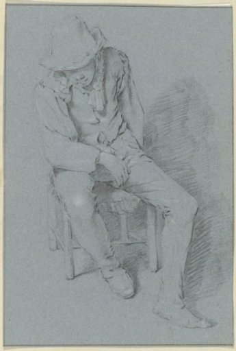 Young Man with a Hat Sitting on a Chair or Stool