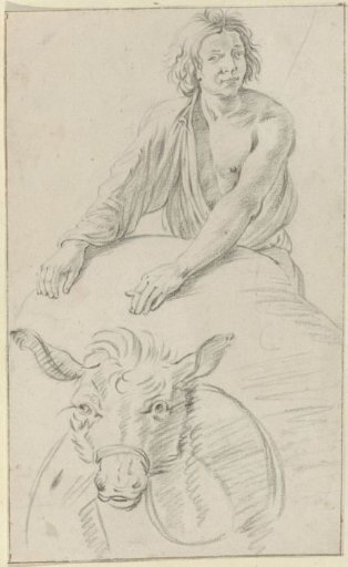 Youth with half-bared upper body behind a mule