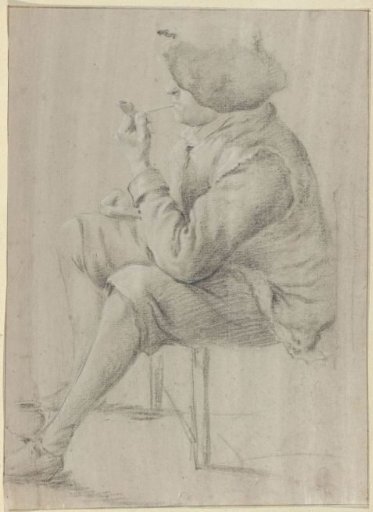Seated man smoking a pipe with a beret, seen from the side