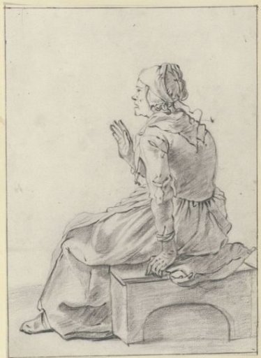 Woman seated on a bench with raised hand