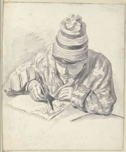 Man drawing in a Japanese robe with a nightcap