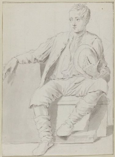 Seated man with a hat against his chest
