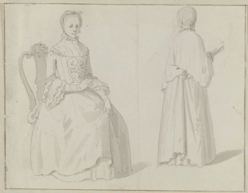 Woman seated on a chair and woman seen from behind with a fan