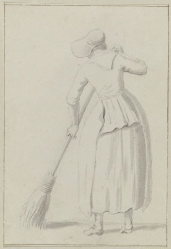 Woman sweeping, seen from behind