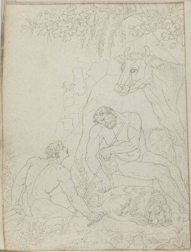Two naked men and a bull and a lying lion