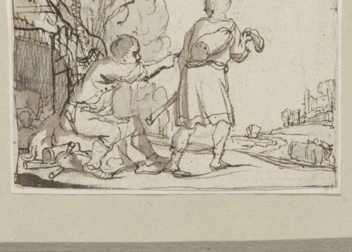 A seated and a standing man in a landscape