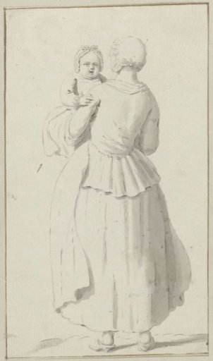 Standing woman seen from the back, holding a child in her arms