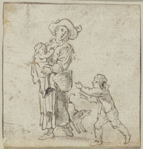 Standing woman with a child in her arms, another child and a dog