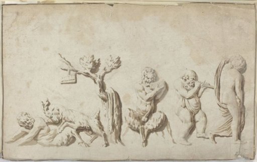 Two centaurs, a goat, a tree and two human figures