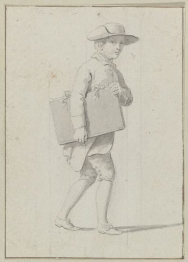 Walking boy with hat and a portfolio under his arm