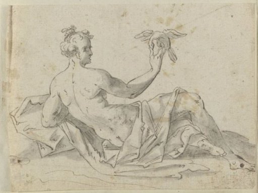 Reclining human figure with a bird on the hand