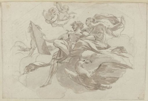 Human figures and putti with an eagle in the clouds