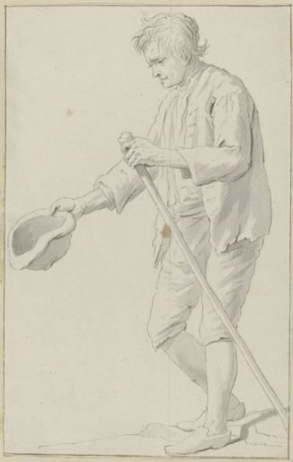 Standing man with a stick and cap in his hand