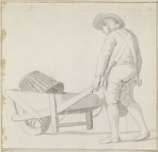 Man loading a wheelbarrow with a basket in it