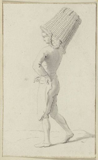 Standing man with hand on hip and basket on head