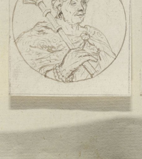 Bust of a crowned man with a scepter in a circle