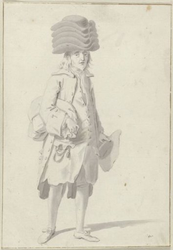 Standing man with five hats on his head and one in his hand