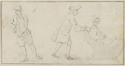 Two men on skates, one behind a sled with a woman in it