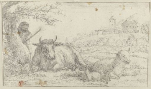 Resting Livestock in a Landscape with a Shepherd