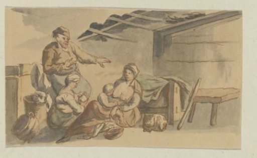 Interior with Two Nursing Women, Two Children, a Man, and a Cat