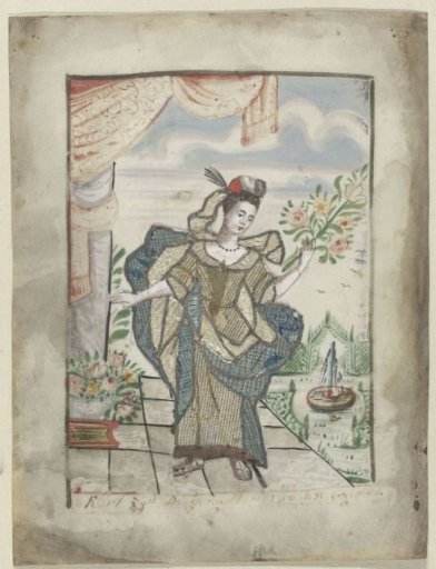 Standing woman on a terrace, holding a flower branch