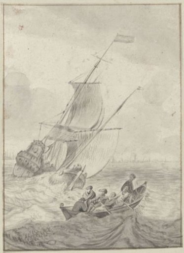 Two sailing ships and a rowing boat in stormy weather
