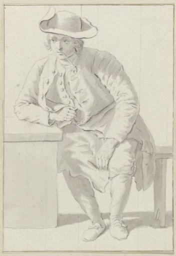 Man smoking a pipe with a hat on a bench, leaning on a table