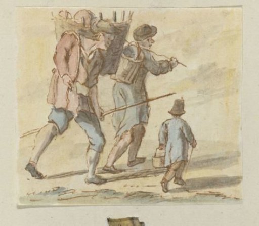 Two Walking Men with a Basket on Their Backs and a Child with a Basket in Hand