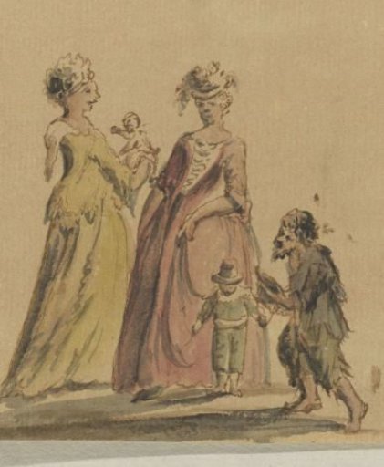Two Richly Dressed Women, Each with a Child and a Beggar