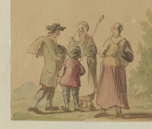 A man, two women, and a child standing in a landscape