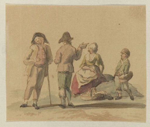 Company of three standing men and one seated woman