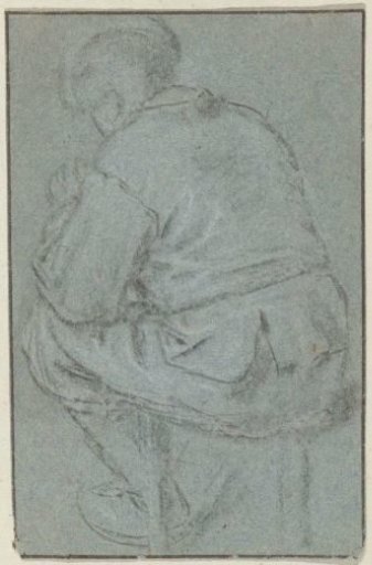 Seated man on a stool, seen from the back