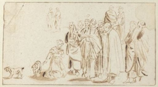 Kneeling woman with two dogs before a group of standing men