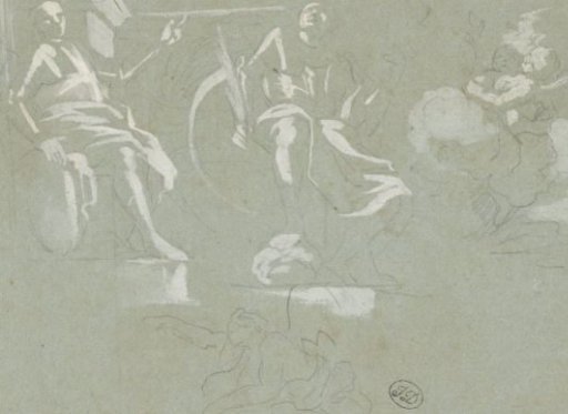 Two seated figures and angels on clouds