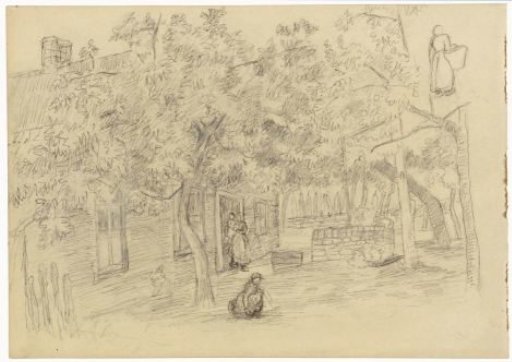 Farmhouse with yard and figures
