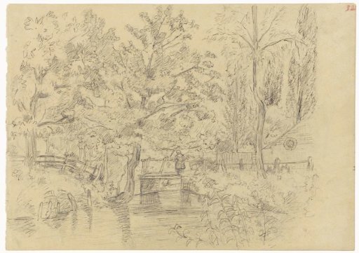 Brook with a small bridge among trees
