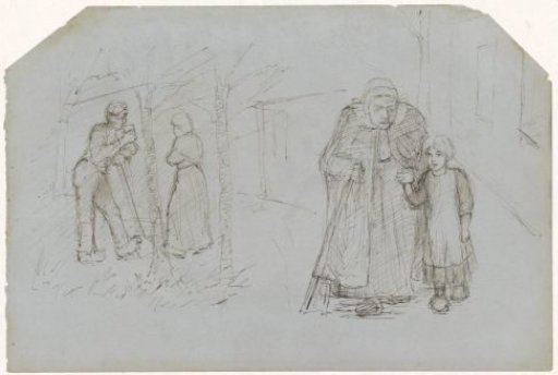 Farmer, farmer's wife and girl with an old woman