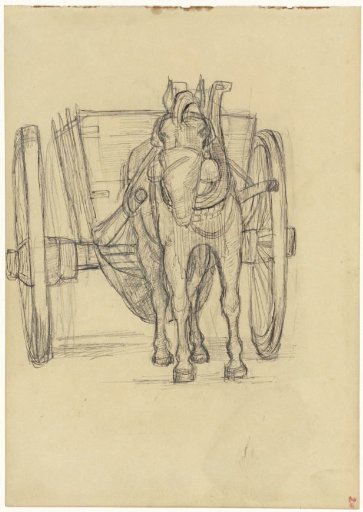 Horse eating before a cart
